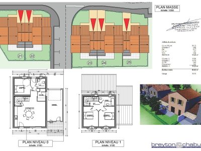 Plan de masse et détails des niveaux, projet de construction d'un lotissement de 5 villas