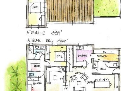 dessin en couleurs du plan d'une maison contemporaine sur 2 niveaux